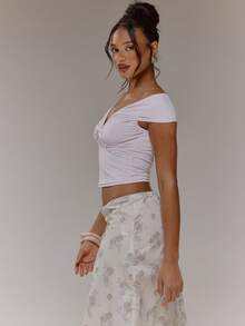 MUSERA Off The Shoulder V Plunge Twist Front Fitted Top Cute Spring Occasion Girly Sexy Going Out Mothers Day Soft Bloom Summer Holiday Casual Elegant - Purple - View 4