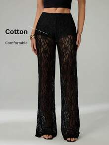 SHEIN Tall 女士纯色蕾丝透视长裤，纯棉内衬，舒适透气。 - 黑色 - 查看 8