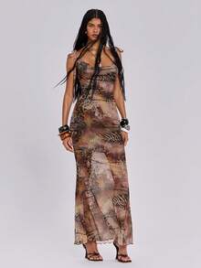 ROMWE Y2K性感露背深V领吊带鱼尾长裙，度假必备 - 彩色 - 查看 1