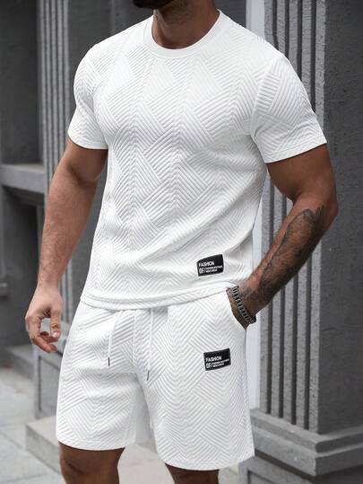 Manfinity CasualCool Men's Textured Fabric Short Sleeve T-Shirt Set, Suitable For Casual, Home, And Outing Wear