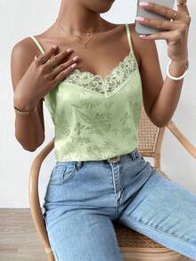 RosyDaze Floral Jacquard Contrast Lace Satin Cami Top Graphic Tees Women Tops - Green - View 7