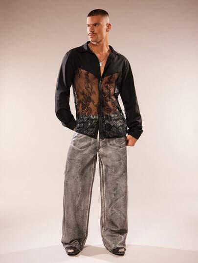 FeverCity Men's Contrast Lace Long Sleeve Single-Breasted Shirt