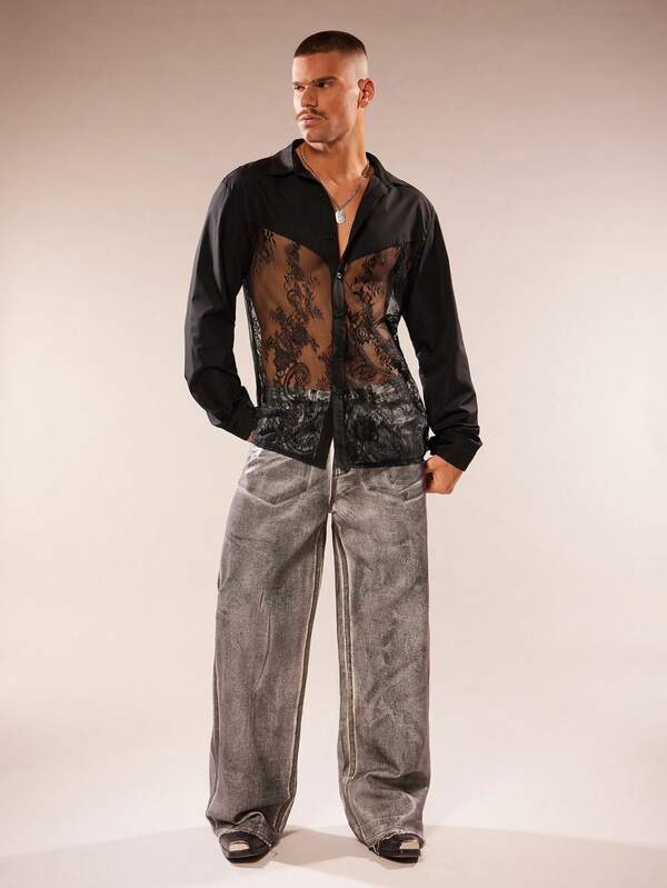 FeverCity Men's Contrast Lace Long Sleeve Single-Breasted Shirt