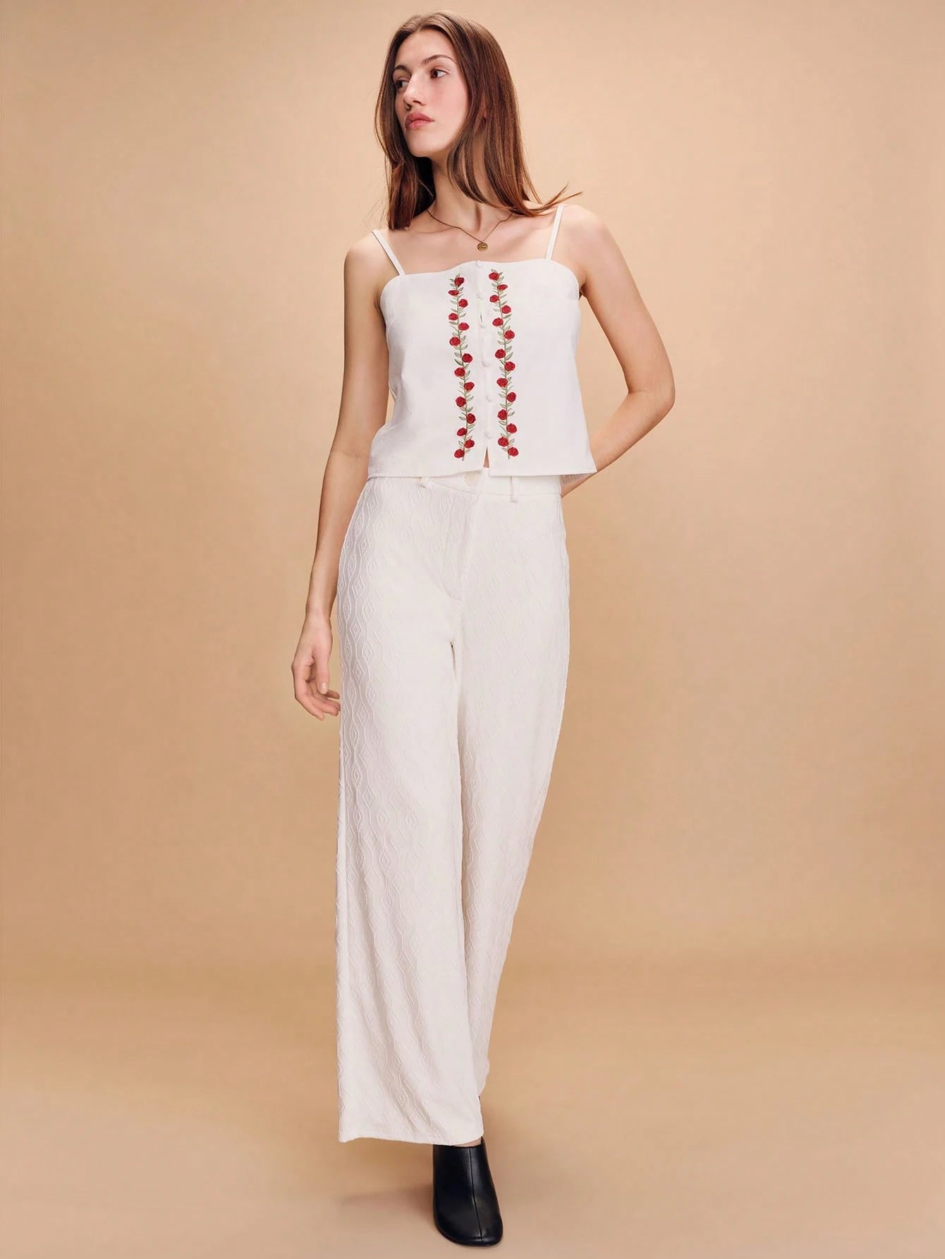 Wide-Leg Pants With White Jacquard Fabric Summer Pants Spring Summer French Style Parisian Style Business Casual Going Out Pants Vacation Pants