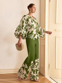 Contrast Botanical Print Shirt And Pants Set, Relaxed Fit, Great For Casual Daily Wear, Holiday, Or Garden Parties, Made Of Breathable Non-Elastic 100% Polyester Fabric - Multicolor - View 3