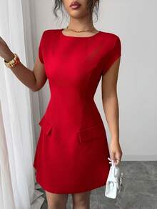 Elenzga 女士红色圆领收腰A字连衣裙，带口袋和短袖，优雅法式浪漫复古风格，适合办公室、商务、海滩、休闲等多种场合，百搭实用，春夏新品上市 - 紅色 - 查看 7