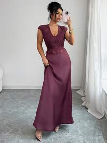 Elenzga 女士春夏法式浪漫西西里优雅休闲通勤度假下午茶婚礼派对纯色缎面绉纱蕾丝面料U领无袖修身鱼尾连衣裙 - 酒紅色 - 查看 4