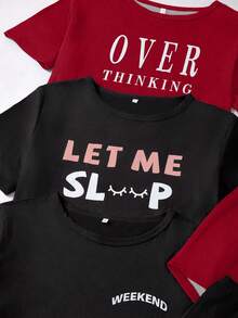 三件套字母印花休闲短袖T恤和短裤套装 - 彩色 - 查看 4