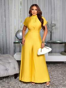 SOLERSUN 春夏女士纯色优雅派对连体裤，简约通勤风，适合生日派对、日常休闲穿着、婚礼季、返校季、感恩节、毕业季等场合。特点：立领、系带腰身、褶裥、高腰连体裤。黄色连体裤，夏季穿搭。 - 黃色 - 查看 3