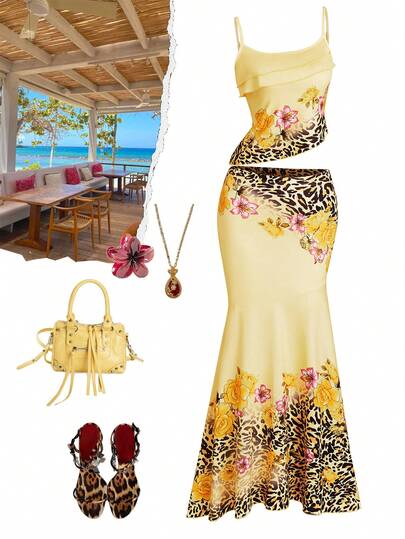 GlowEve Summer Women Floral & Leopard Print Asymmetrical Hem Camisole & Skirt 2 Pieces Set, Suitable For Beach Vacation