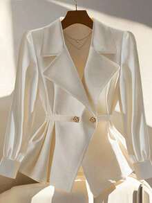 EMERY ROSE Women's Solid Color Lapel NeckLong Sleeve Metallic Button Design Elegant Blouse Fall Cloth For Women - Apricot - View 1