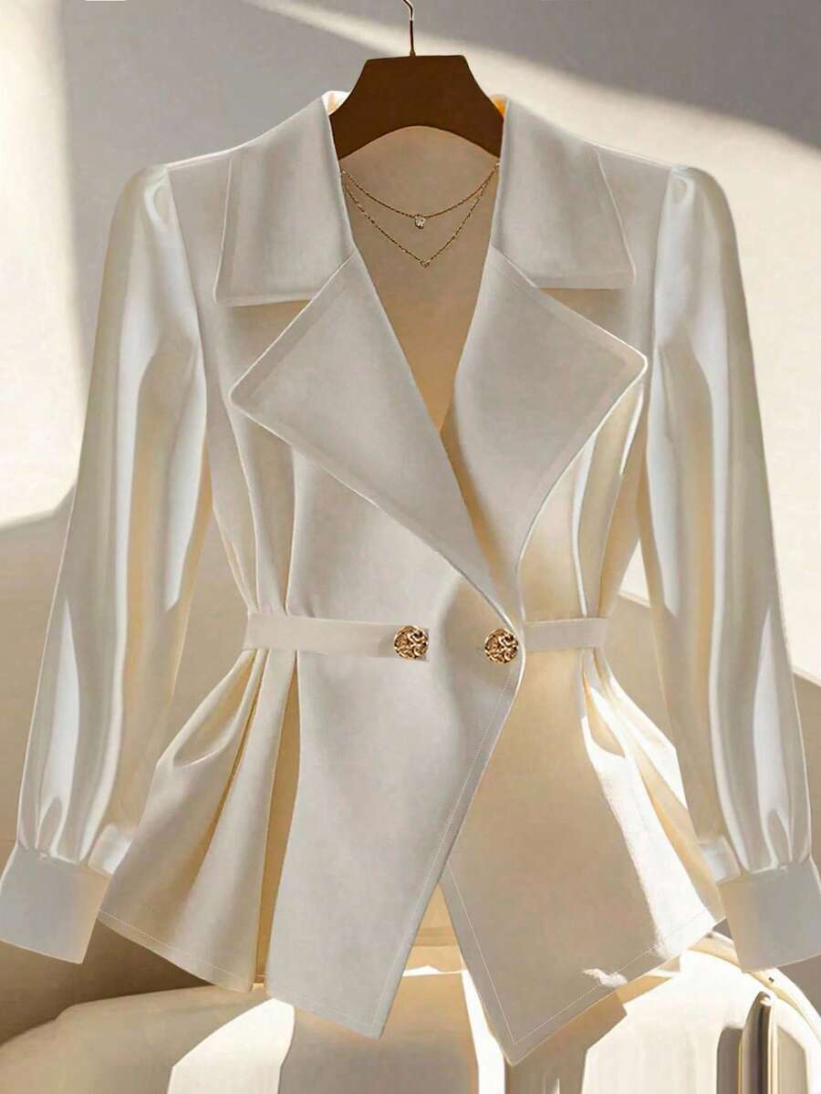 EMERY ROSE Women's Solid Color Lapel NeckLong Sleeve Metallic Button Design Elegant Blouse Fall Cloth For Women - Apricot - View 1