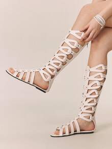 Styleloop Women's Flat Sandals Black Long Summer Cool Boots Cross Woven Vacation Sandals Roman Beach Sandals Leather Face Knee High Boots Holiday Travel Essential Boho Cowgirl Outfit Coachella - White - View 9