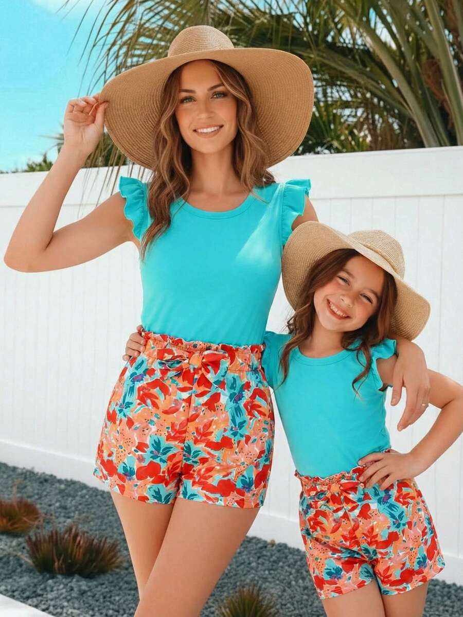 SHEIN 2件套 女童夏季休闲荷叶边上衣和印花短裤 - 彩色 - 查看 1