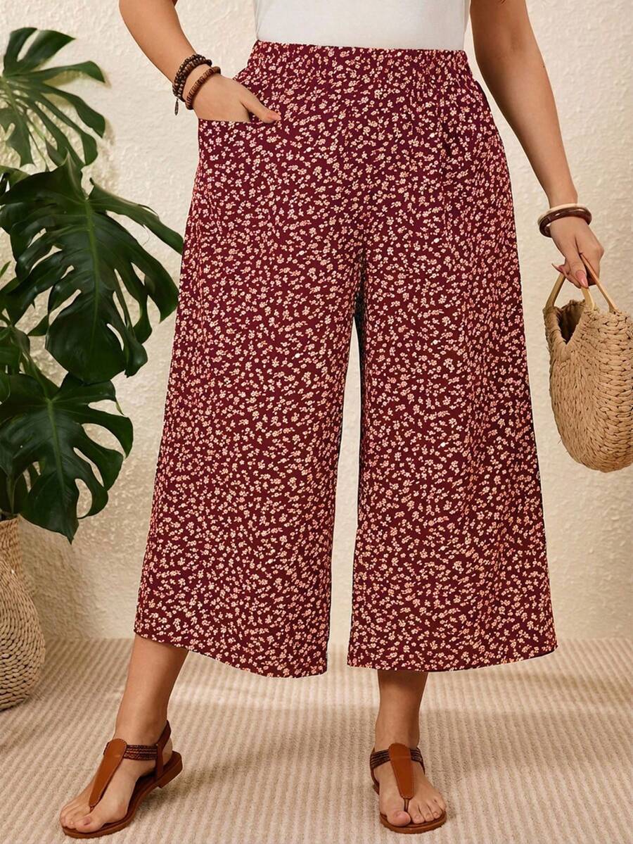 EMERY ROSE 大码女式碎花休闲阔腿七分裤，带侧袋 - 酒紅色 - 查看 1