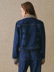 Anewsta 女士春夏时尚优雅拼接格子浪漫派对休闲度假蓝色长袖外套上衣牛仔裤 - 藍色 - 查看 3