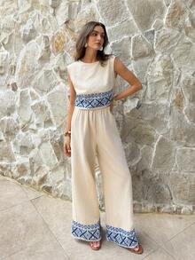 SHEIN Frenchy 女士度假休闲几何印花吊带背心和裤子两件套 - 杏色 - 查看 5