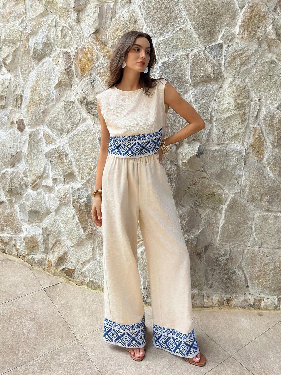 SHEIN Frenchy Women's Vacation Casual Geometric Print Camisole And Pants 2 Pieces Set - Apricot - View 1