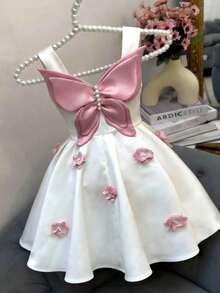 SHEIN Tween Girls White&Pink Butterfly Pattern 3D Elegant Floral Waist A-Line Formal Dress Girl With Bows Flower Bow 3 D Flowers - White - View 4