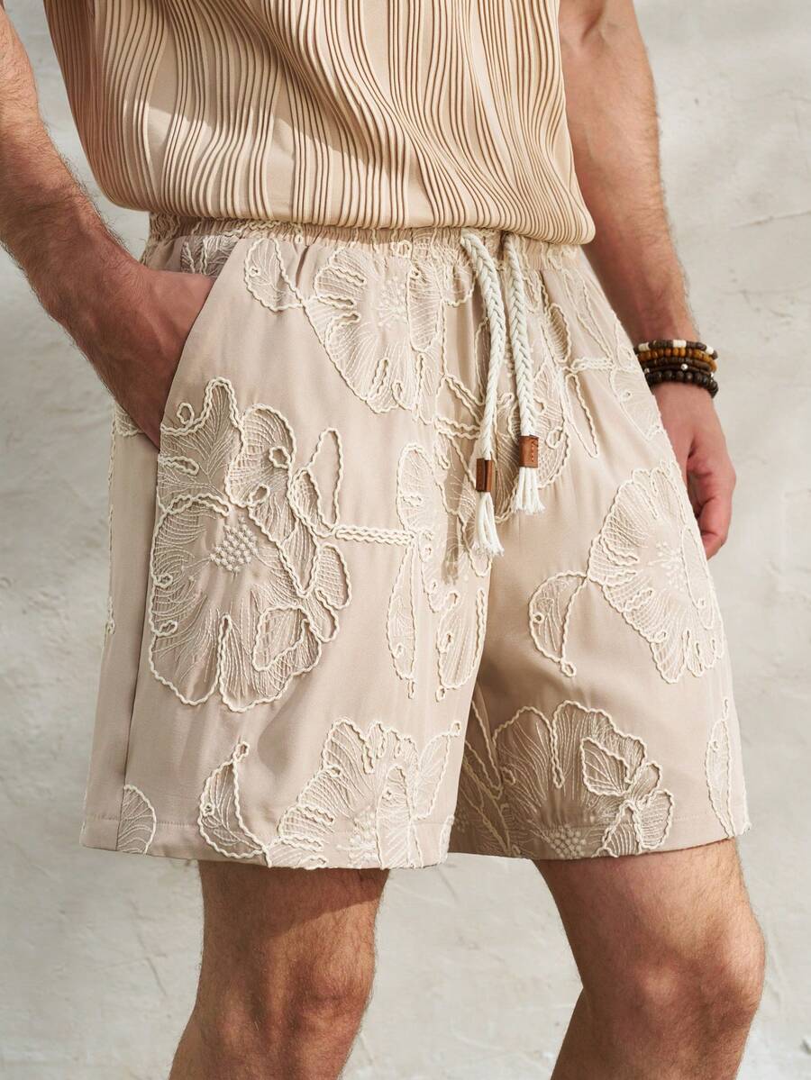 Quần short nam dáng casual, thêu họa tiết, túi xéo, cạp chun có dây rút. - Màu Khaki - Xem 1