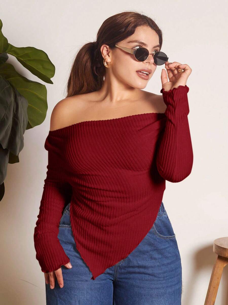 Lupita Cardoza Y2K Grunge 不对称领口生菜边 T 恤 - 紅色 - 查看 1