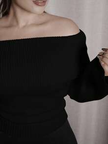 Lupita Cardoza Off Shoulder Foldover Ribbed Knit Sweater,Long Sleeve Tops Knit Pullover Fall Winter Outfit - Black - View 5