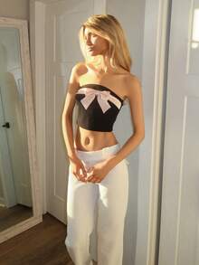 Sydney Algeri Bow Front Cropped Slim Fit Tube Top,Ladies Party Bow Strapless Regular Fit Black Colorblock Women Tops,Summer,Party/Nightclub Outfits - Black - View 5