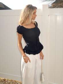 Sydney Algeri Women's Summer Solid Color Ruffle Hem Tie Waist Short Sleeve Blouse - Navy Blue - View 1