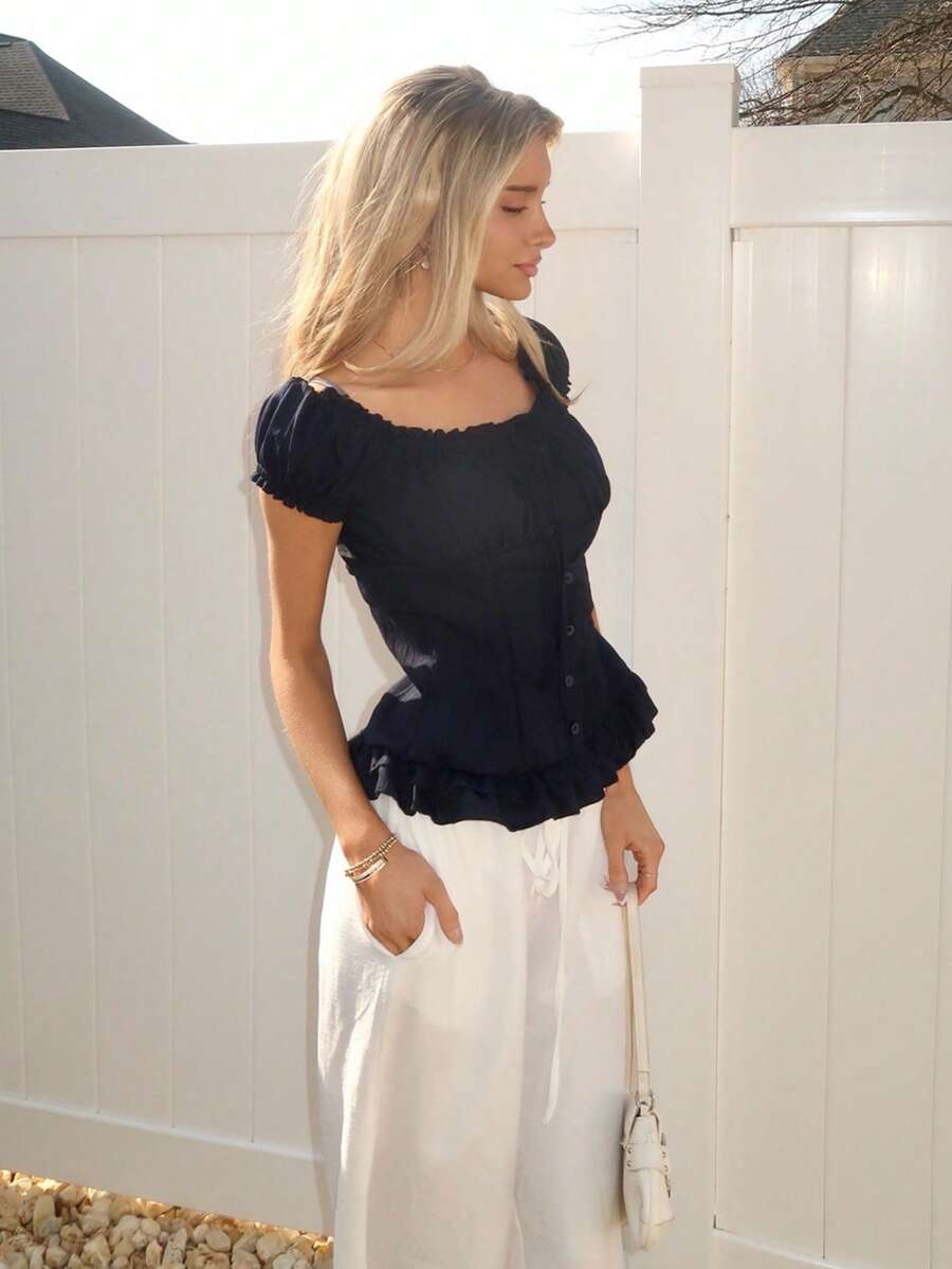 Sydney Algeri Women's Summer Solid Color Ruffle Hem Tie Waist Short Sleeve Blouse - Navy Blue - View 1