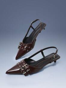 CUCCOO GRLICON Vintage Wine Red Patent Leather Pointed Toe Shoes With Multiple Buckle Decor And Kitten Heels, Motorcycle Style Suitable For Casual, Vacation, Travel In Spring/Summer, 2000s Fashion - Brown - View 3