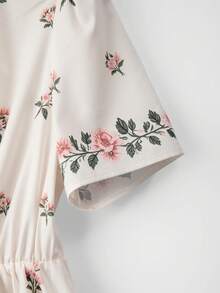 GlowEve Women's Pink Positioned Digital Print V-Neck Waist Gathered Ruffle Hem A-Line Elegant Commuter Slimming Spring/Summer Blouse - Apricot - View 4