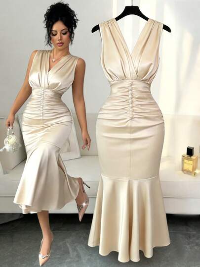 Endroma Nuevo vestido midi elegante de punto de cuello en V sin mangas de unicolor con diseño plisado, decoración de perlas y volantes en el bajo, favorecedora y grácil para vacaciones, fiestas, Día de San Valentín