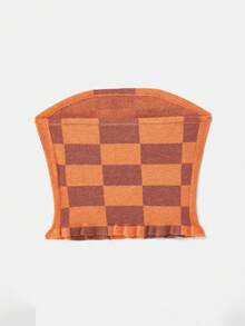 lacRébo Orange And Brown Checkered Tubular Knit Top With Ruffle Detail Spring Summer French Style Parisian Style Check Top Strapless Top Vacation Going Out - Multicolor - View 7