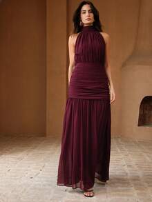 Anewsta Women's Long Dress, Halter Neck, Cold-Shoulder Design, Waist Ruched, Flowy Skirt, Elegant For Party & Holiday - Burgundy - View 4