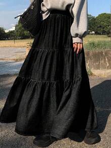 FRIFUL Women's Elastic Waist Pleated Casual Versatile Daily Wear Denim Skirt - Black - View 6