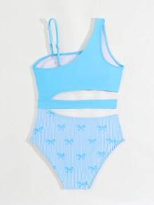 SHEIN Tween女孩1件式泳衣，藍白條紋蝴蝶結針織腰部鏤空設計連身泳衣，可愛Tween女孩單肩高腰比基尼，夏季海灘度假 - 藍白色 - 查看 2