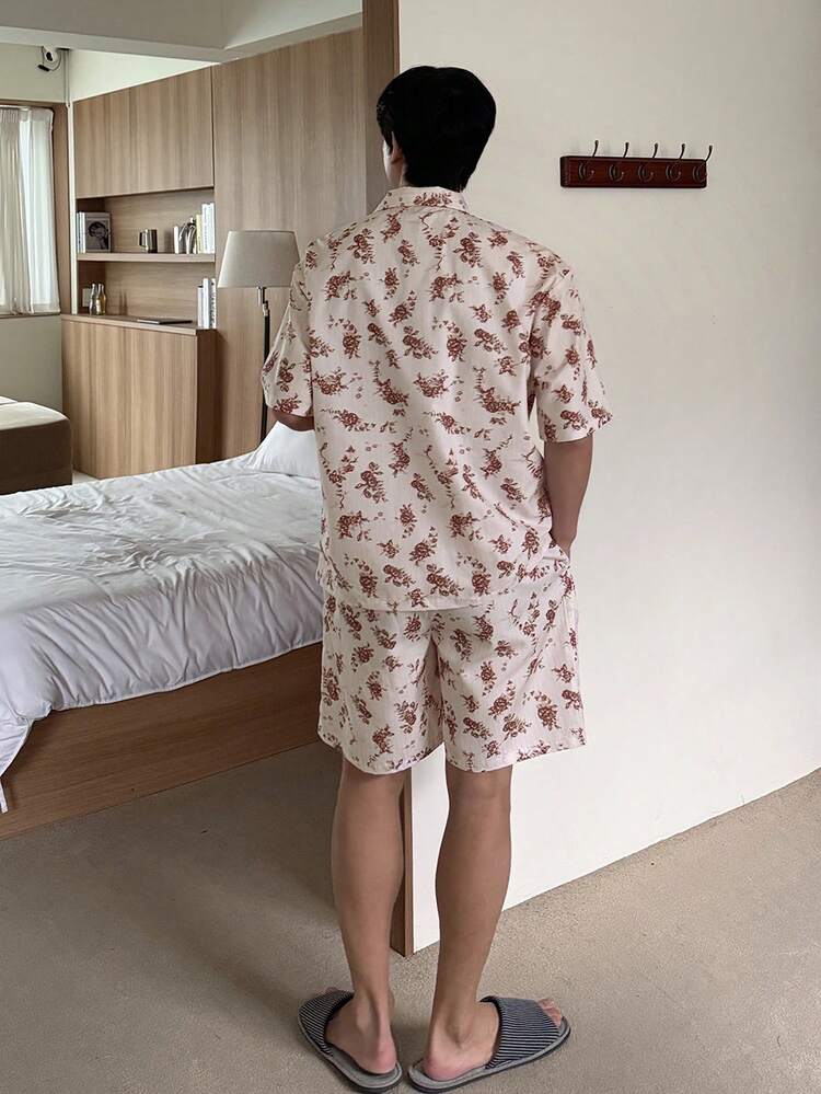 Men's Summer Short Sleeve Shirt And Shorts Floral Pajama Set