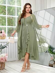 Reflora Plus Size Women's Sage Green Summer Elegant Dress & Robe Set,Ruffle Trim Rhinestone Camisole Dress,Wedding Guest Formal Party Luxury Evening Gown - Green - View 9