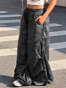 Muchica 女士休闲迷彩印花抽绳腰阔腿裤 - 黑色 - 查看 4