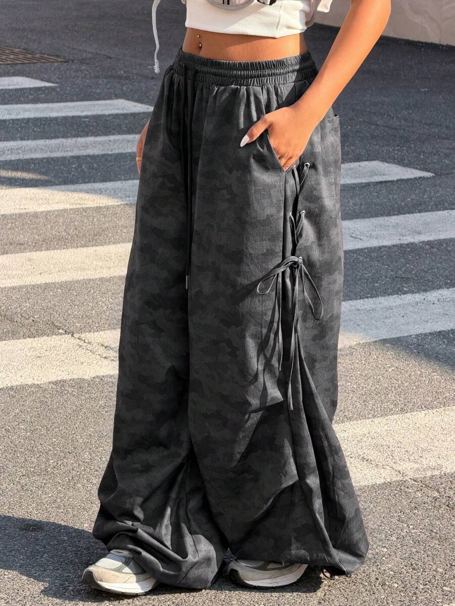 Muchica 女士休闲迷彩印花抽绳腰阔腿裤 - 黑色 - 查看 1