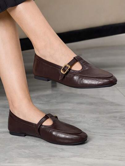 Sleekvia Women's Vintage Mary Jane Flats With Metal Buckle, Square Toe, Suitable For Daily Commute, Spring & Autumn