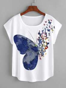 SHEIN LUNE Butterfly Print Batwing Sleeve Tee Graphic Tees Women Tops - White - View 1
