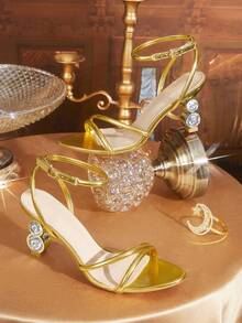 CUCCOO TILAWA Women Shoes Classic Simple, Fashionable Women's High-Heeled Sandals Strap Combination Big Shiny Rhinestone Heterosexual High-Heeled Sandals Dating Afternoon Tea Banquet Party Sexy Wear - Gold - View 2
