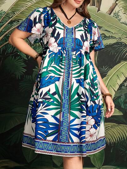 EMERY ROSE 大码夏季度假植物印花V领连衣裙