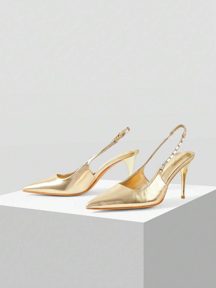 MOTF POINT TOE RHINESTONE DETAIL SLINGBACKS PUMPS SPRING SHOES - Gold - View 2