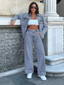 RueChic 100% Cotton WOMEN SUIT DENIM SET SHIRT AND PANTS - Medium Wash - View 4