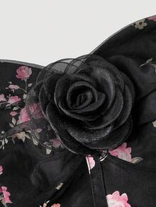 SHEIN MOD Off-Shoulder Fishtail Waist Flared Floral Print Mini Dress With Black Background - Multicolor - View 6