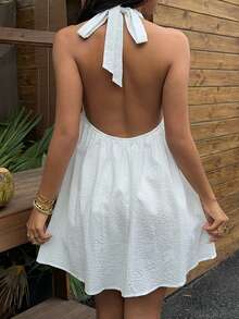 Sunnyshic White Cotton Crinkle Fabric Rose Decor Deep V Halter Backless Ruffle Mini Dress, Women's Spring/Summer Vacation Beach Bohemian Sweet Cute Wedding Guest Minimalist Versatile - White - View 2