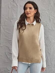 SHEIN LUNE Button Side Slit Hem Sweater Vest In Fall/Winter - Khaki - View 8