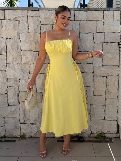 Maria Perezxox Solid Ruched Bust Lace Up Side Formal Cami Long Dress,Pastel Dresses For Women
